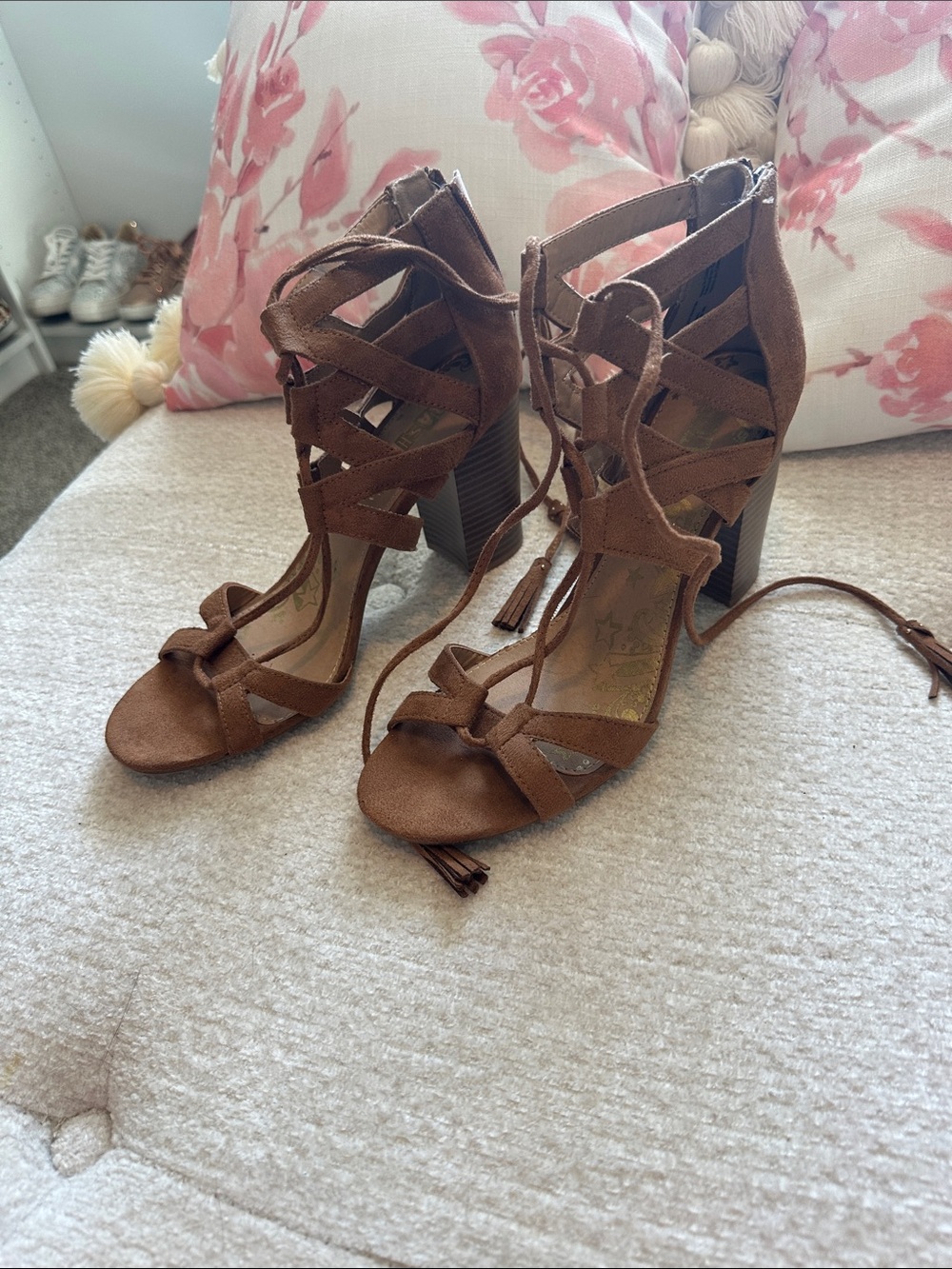 Brash Brown Suede Lace-Up Block Heel Sandals